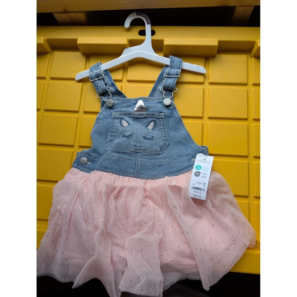 NWT OshKosh Bgosh Toddler Girls 2T Denim Unicorn Tutu Jumper Dress Pink Glitter